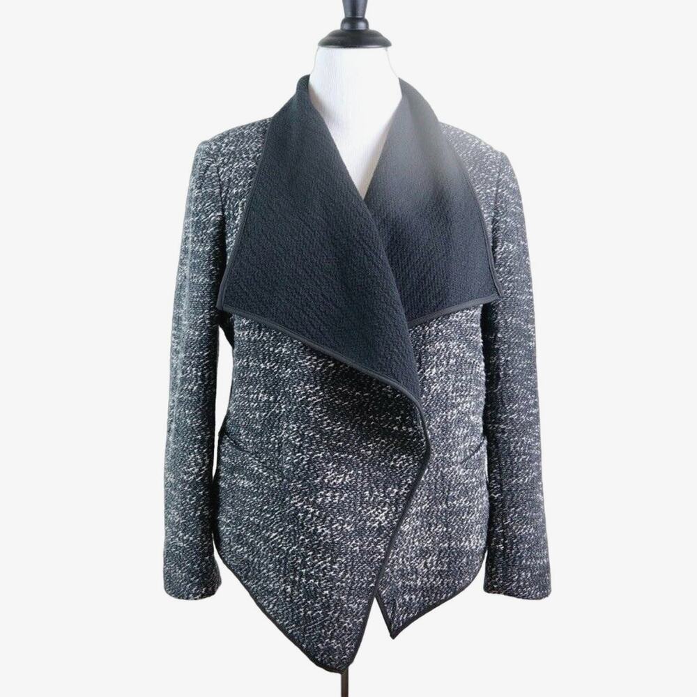 Ann Taylor Size L Boucle Tweed Draped Jacket Black White Marled - Picture 1 of 11